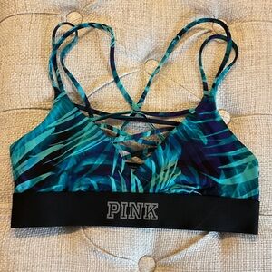 PINK Victoria's Secret Strappy Tropical Leaf Teal and Navy Sports Bra